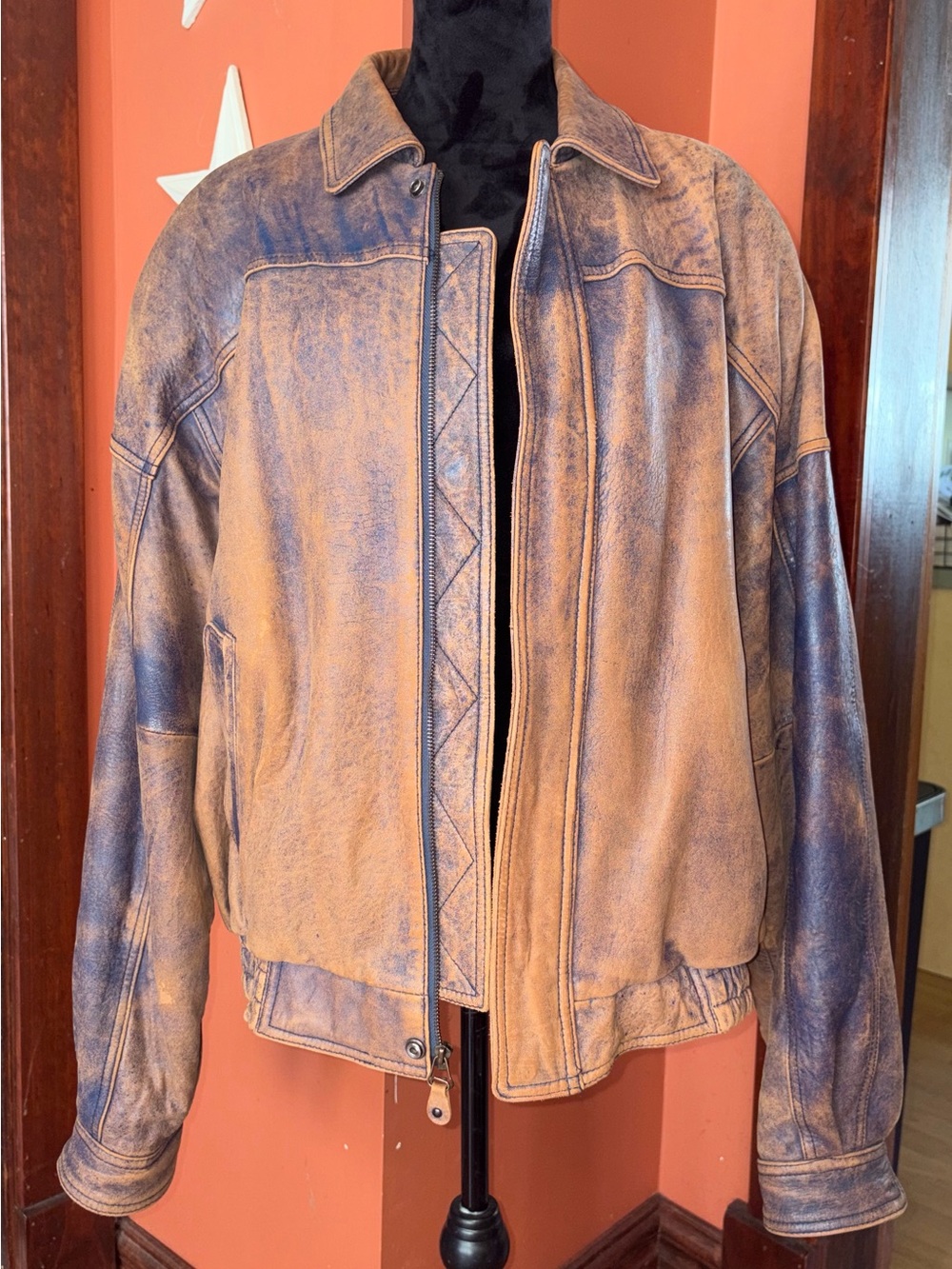 Vintage Joshua Ross 80’s/90’s brown + blue RARE leather bomber jacket